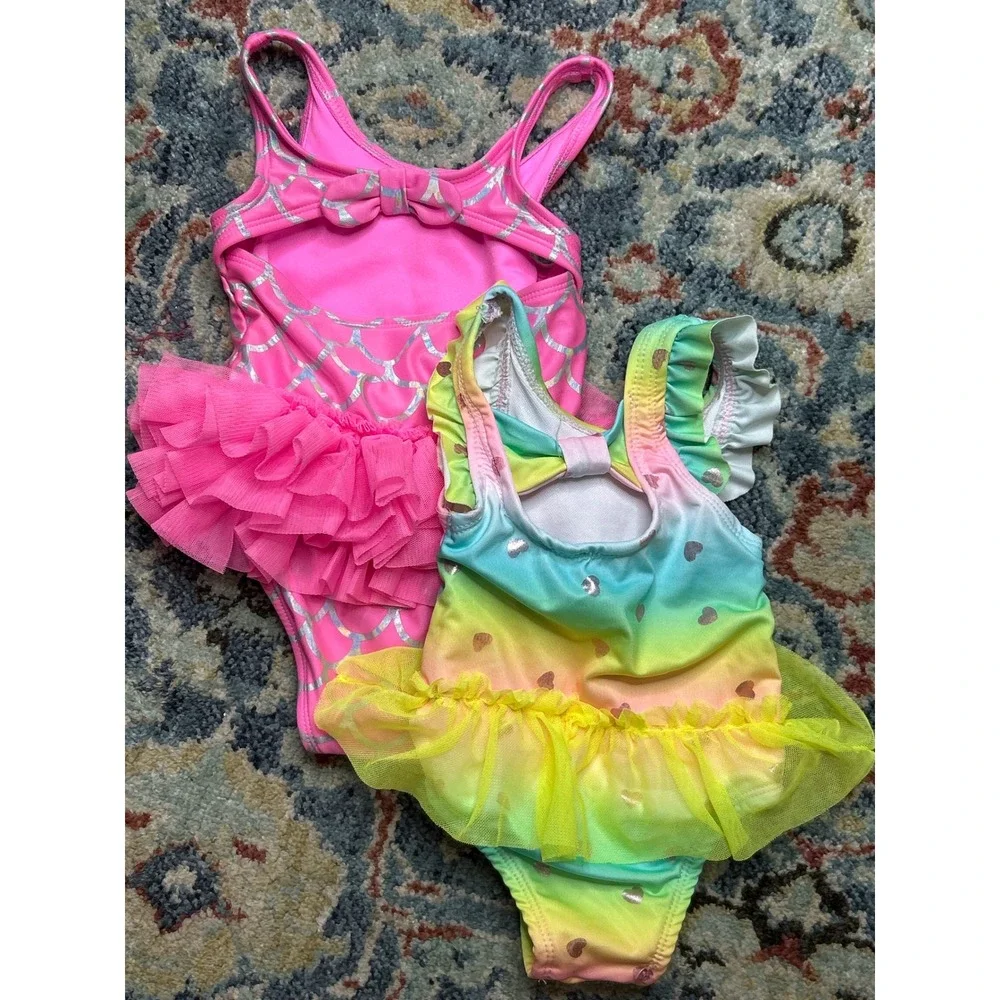 Cat & Jack Penelope Mack‎ Swimsuit Bundle Girls 18M Pink Rainbow Mermaid EUC